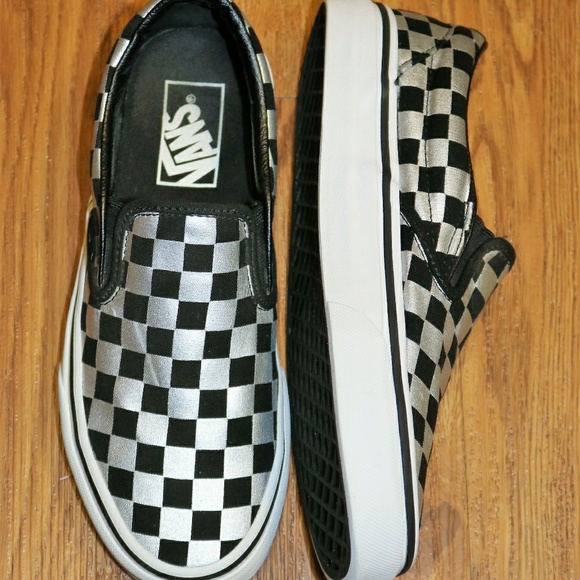 metallic silver and black checkered vans